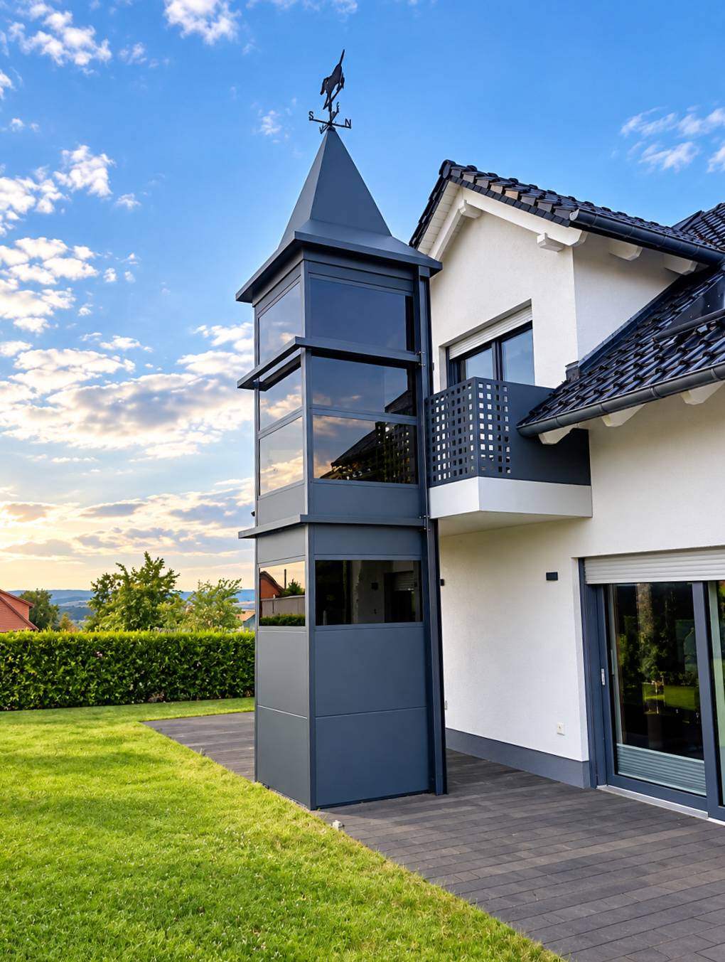 SB200 mit Wetterhahn Homelift SB 200 von Barduva mit Wetterschutzdach am exklusivem Einfamilienhaus